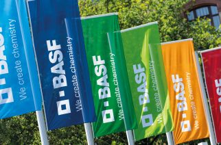 BASF flags at the Ludwigshafen site